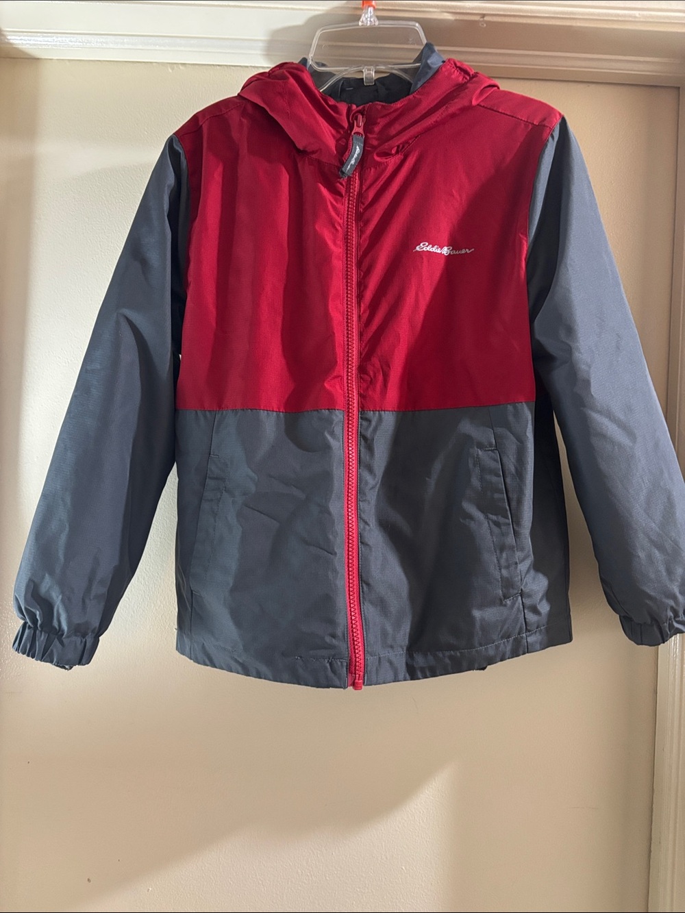 Eddie Bauer Kids Red and Gray Hooded Rain Jacket with zip out fleece lining.